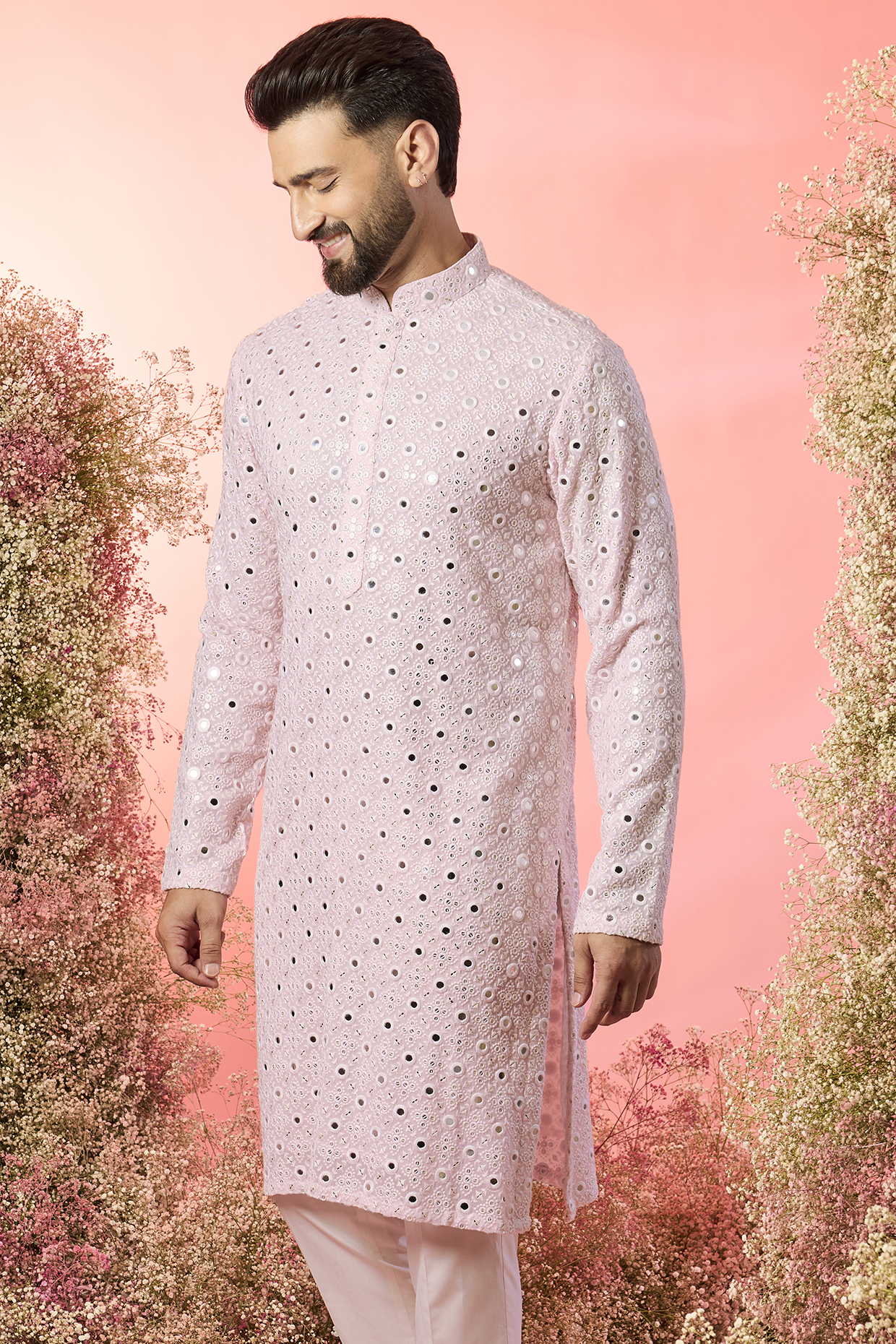 Pink Georgette Mirror Work Kurta by Kasbah Clothing