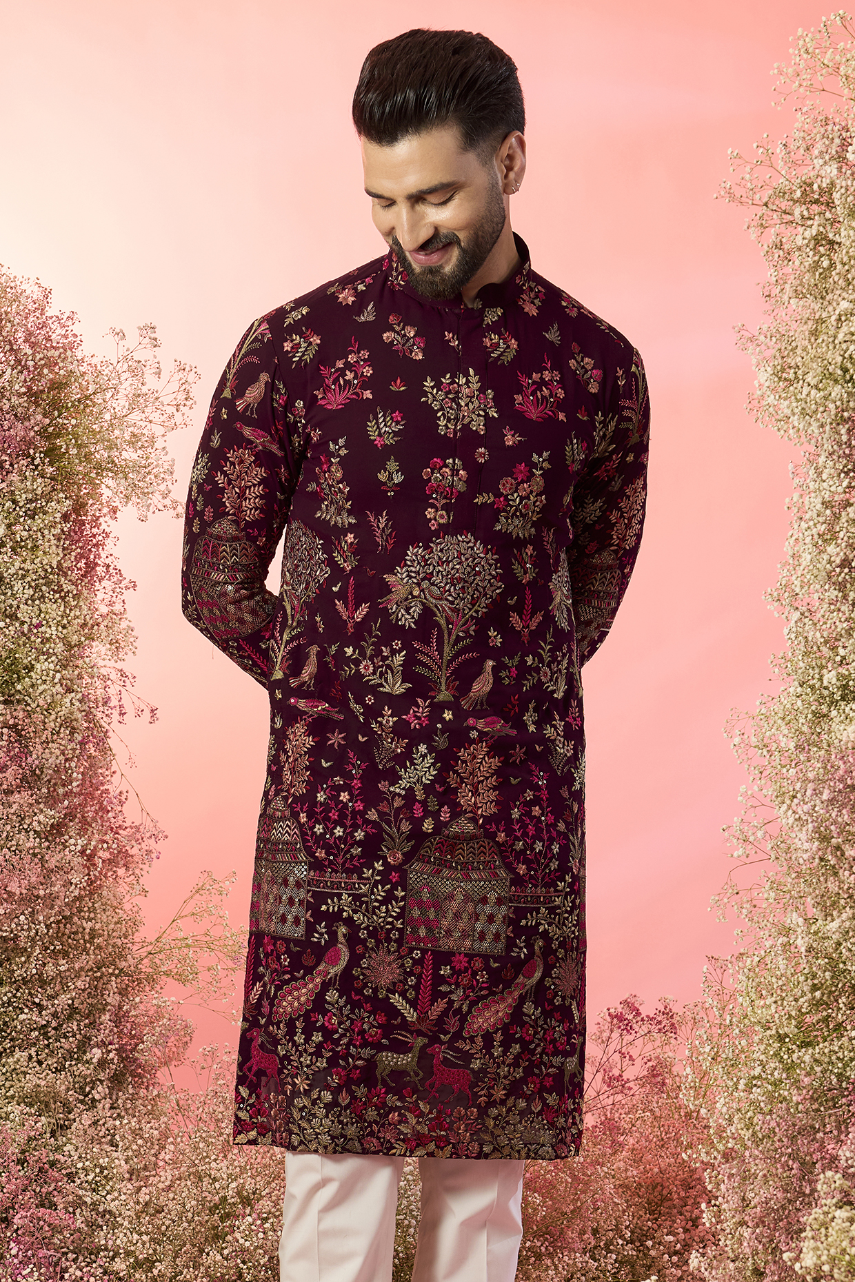 Maroon Georgette Floral & Fauna Embroidered Kurta by Kasbah Clothing