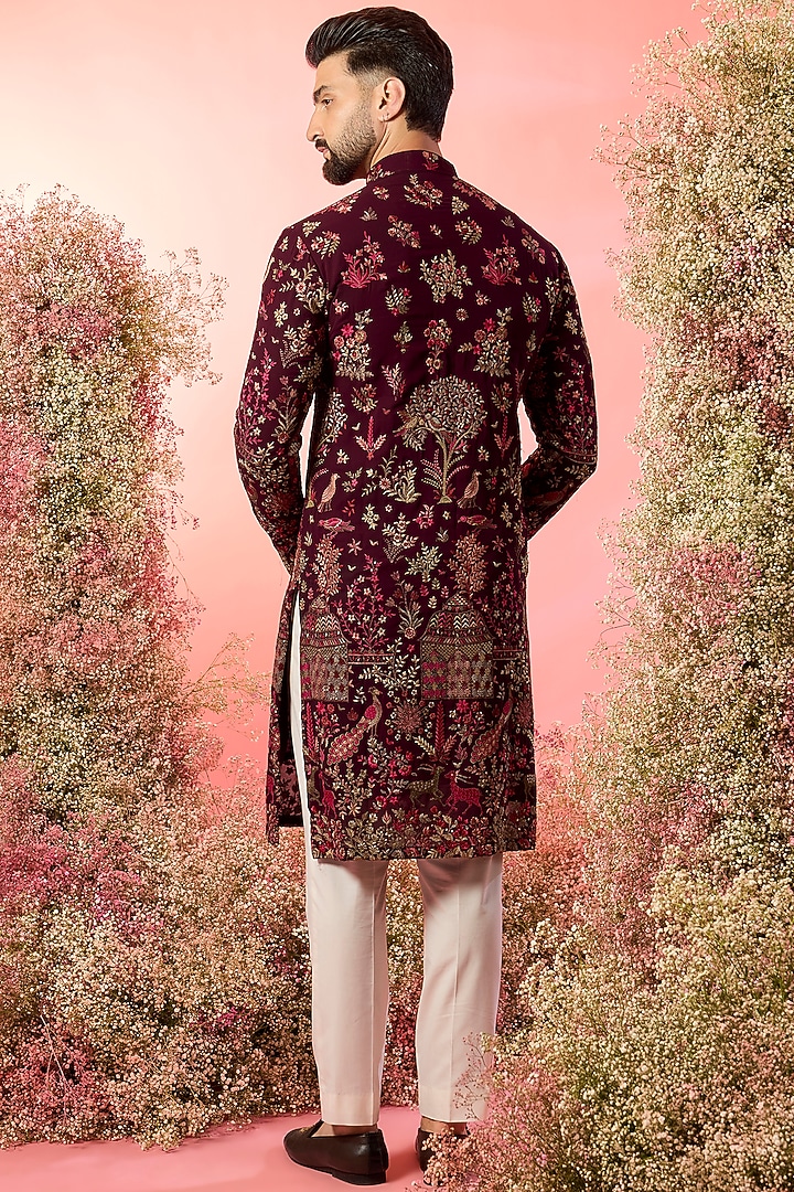 Maroon Georgette Floral & Fauna Embroidered Kurta by Kasbah Clothing at Pernia's Pop Up Shop