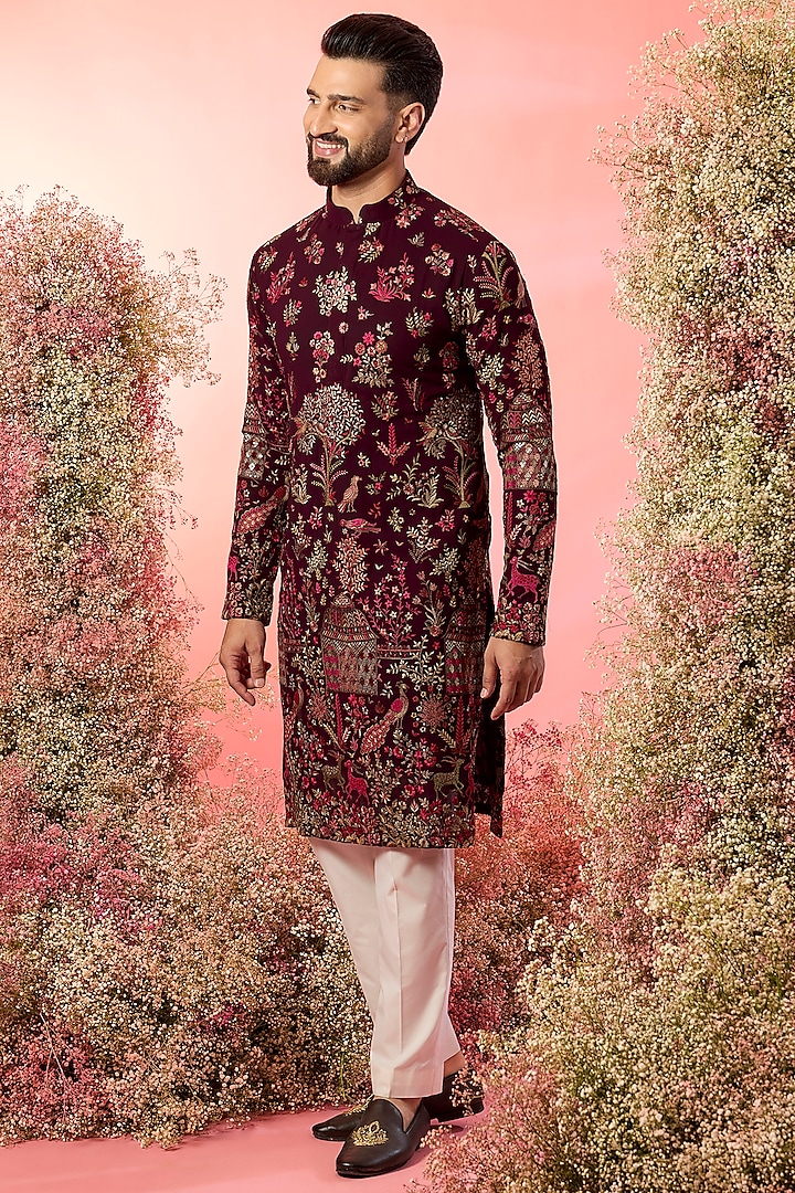 Maroon Georgette Floral & Fauna Embroidered Kurta by Kasbah Clothing at Pernia's Pop Up Shop