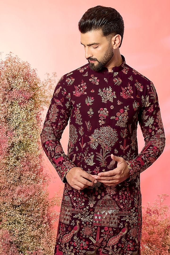 Maroon Georgette Floral & Fauna Embroidered Kurta by Kasbah Clothing at Pernia's Pop Up Shop