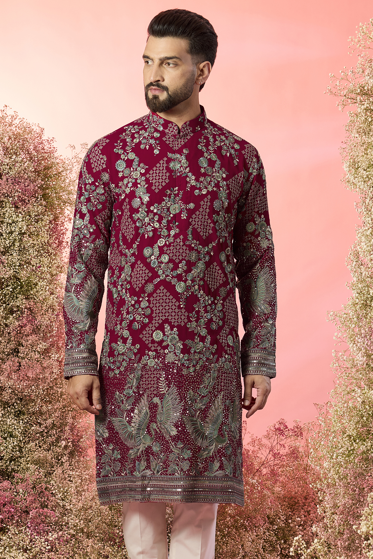 Hot Pink Georgette Thread Embroidered Chikankari Kurta by Kasbah Clothing