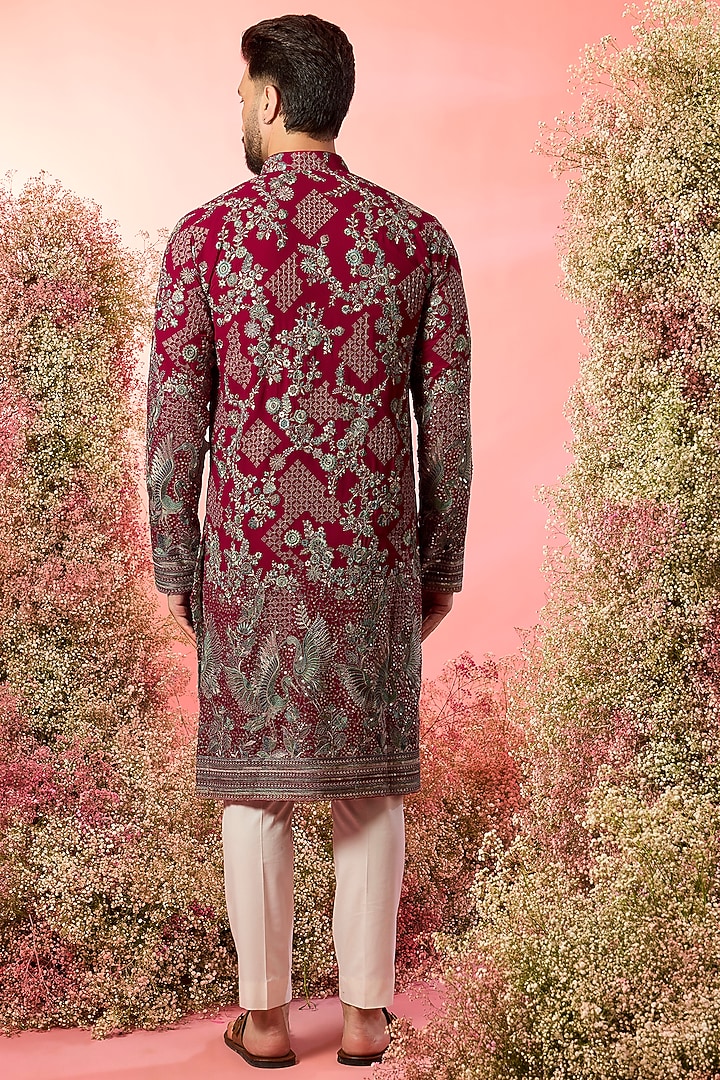 Hot Pink Georgette Thread Embroidered Chikankari Kurta by Kasbah Clothing at Pernia's Pop Up Shop