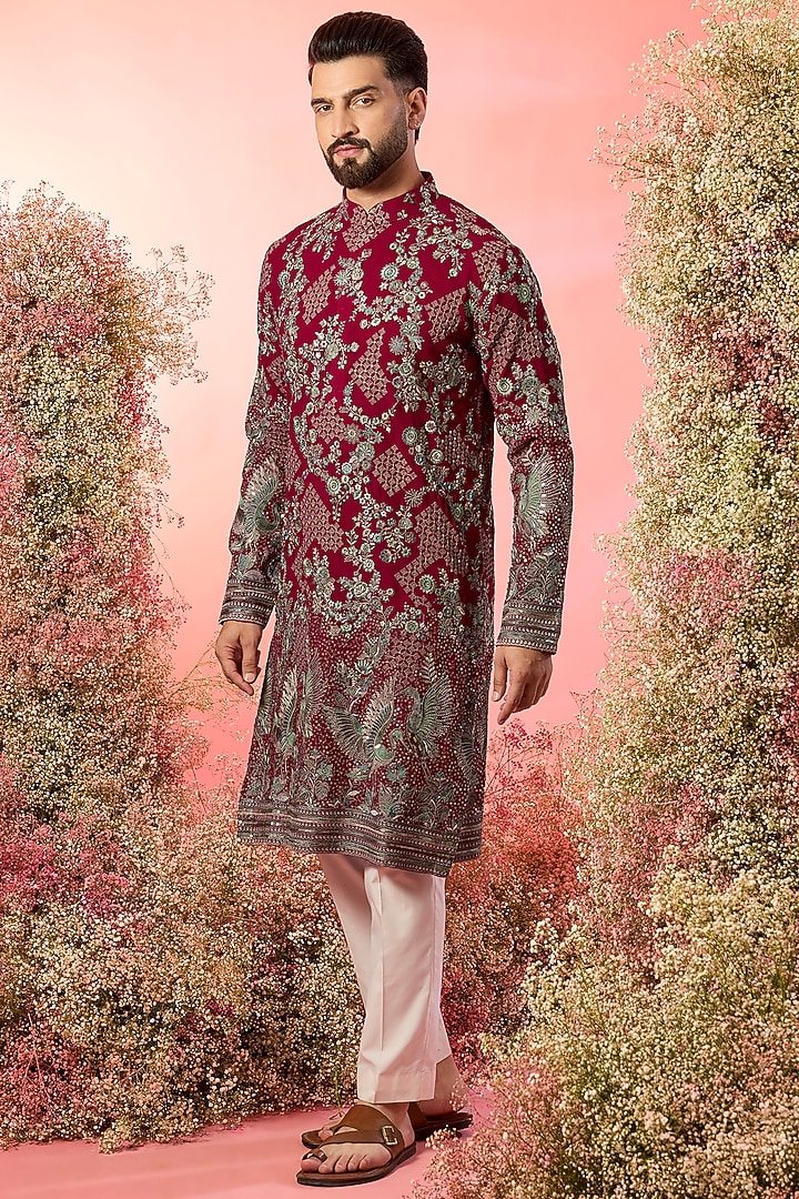 Hot Pink Georgette Thread Embroidered Chikankari Kurta by Kasbah Clothing at Pernia's Pop Up Shop