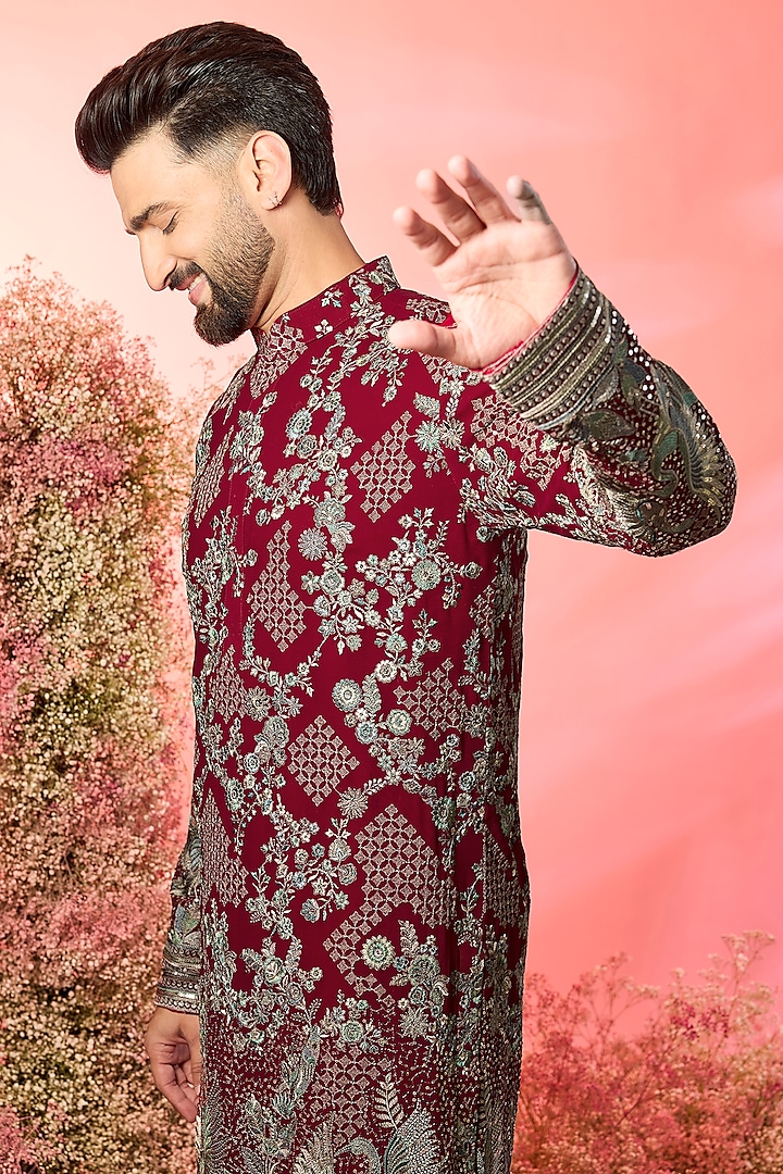 Hot Pink Georgette Thread Embroidered Chikankari Kurta by Kasbah Clothing at Pernia's Pop Up Shop