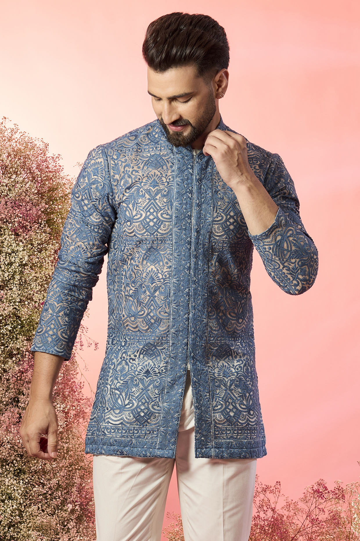Blue Georgette Chikankari Embroidered Front-Open Short Kurta by Kasbah Clothing