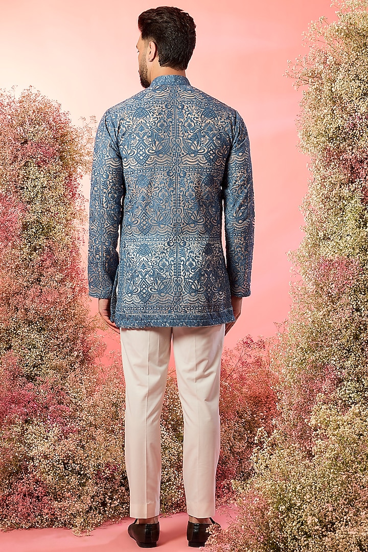 Blue Georgette Chikankari Embroidered Front-Open Short Kurta by Kasbah Clothing at Pernia's Pop Up Shop