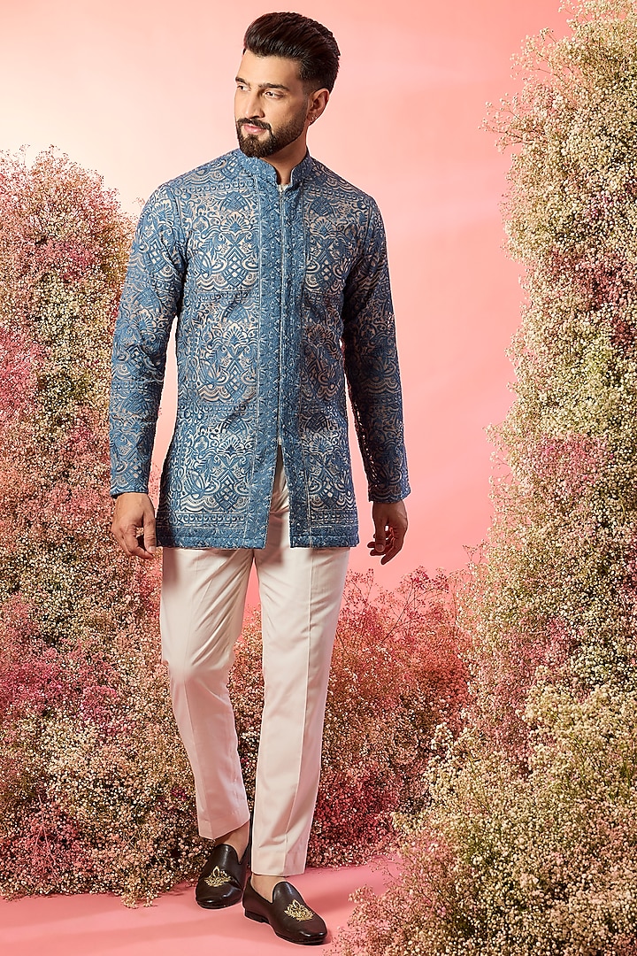 Blue Georgette Chikankari Embroidered Front-Open Short Kurta by Kasbah Clothing at Pernia's Pop Up Shop