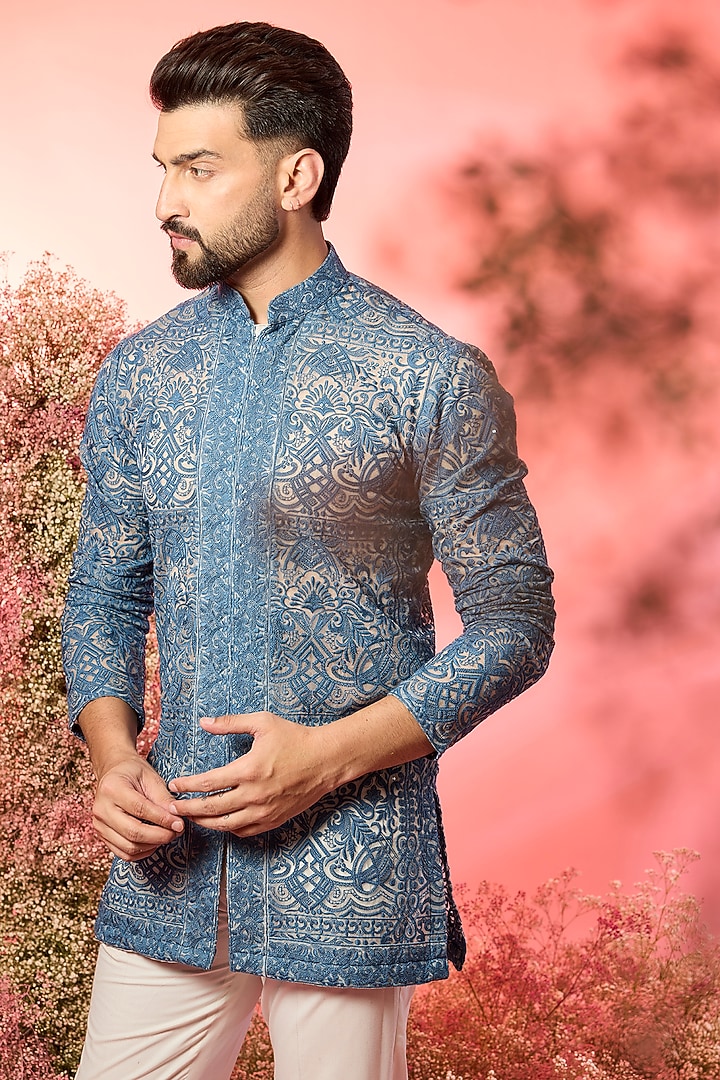 Blue Georgette Chikankari Embroidered Front-Open Short Kurta by Kasbah Clothing at Pernia's Pop Up Shop