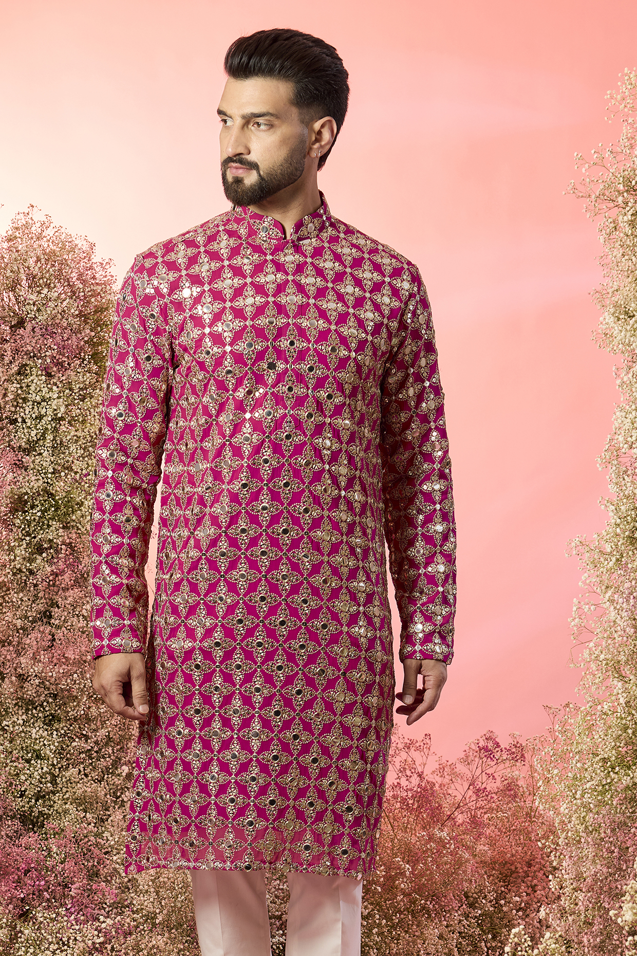 Hot Pink Georgette Zari Embroidered Kurta by Kasbah Clothing