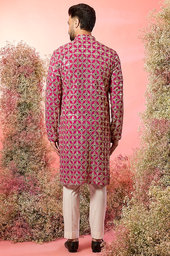 Hot Pink Georgette Zari Embroidered Kurta by Kasbah Clothing at Pernia's Pop Up Shop