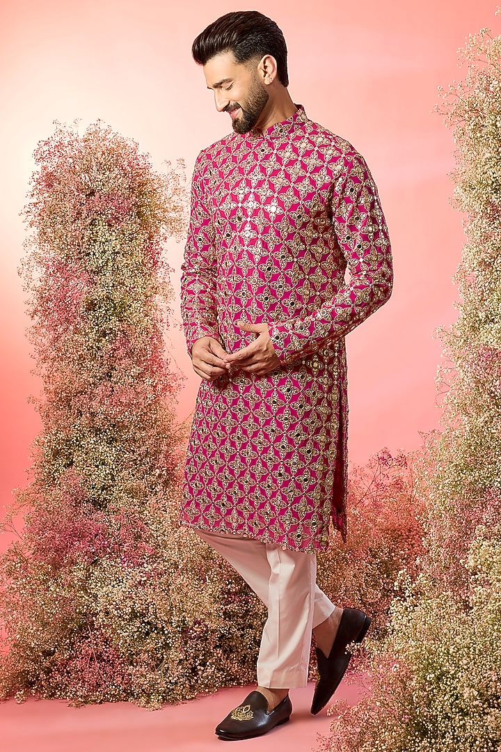 Hot Pink Georgette Zari Embroidered Kurta by Kasbah Clothing at Pernia's Pop Up Shop