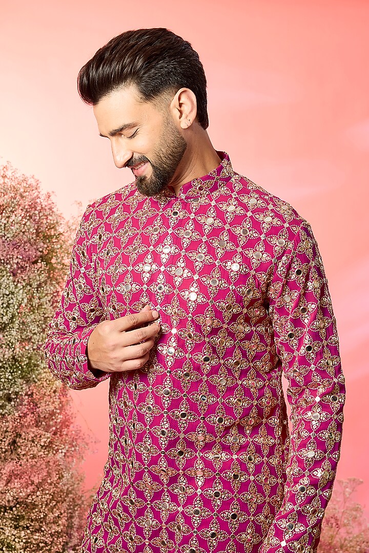 Hot Pink Georgette Zari Embroidered Kurta by Kasbah Clothing at Pernia's Pop Up Shop