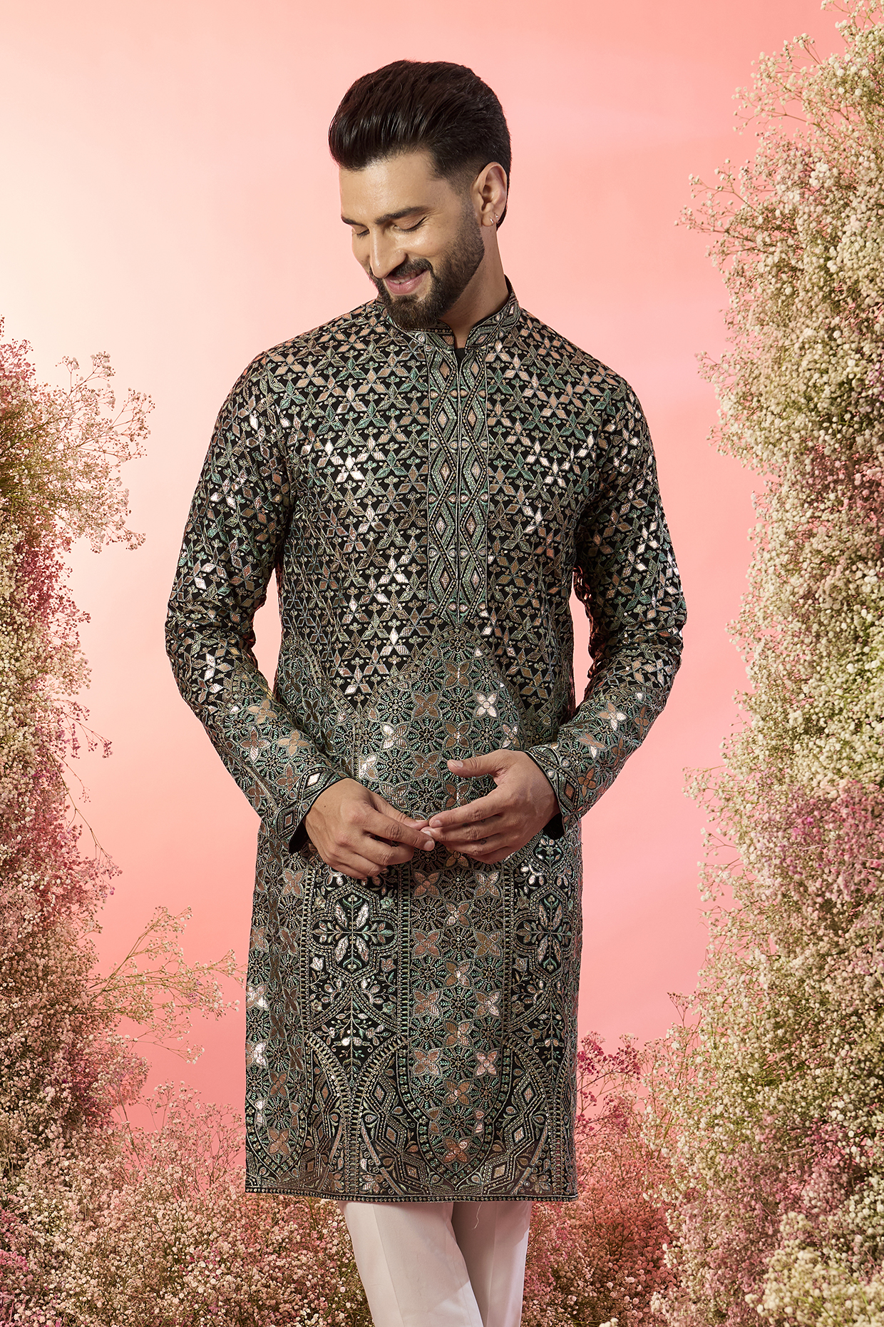 Black Georgette Leather Patchwork Kurta by Kasbah Clothing