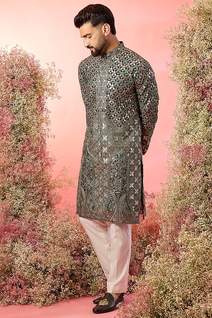 Black Georgette Leather Patchwork Kurta by Kasbah Clothing at Pernia's Pop Up Shop