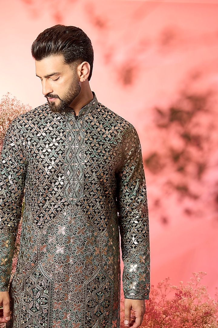 Black Georgette Leather Patchwork Kurta by Kasbah Clothing at Pernia's Pop Up Shop