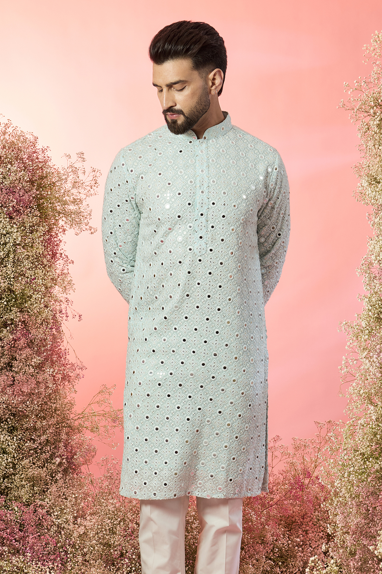 Powder Blue Georgette Mirror Work Kurta by Kasbah Clothing
