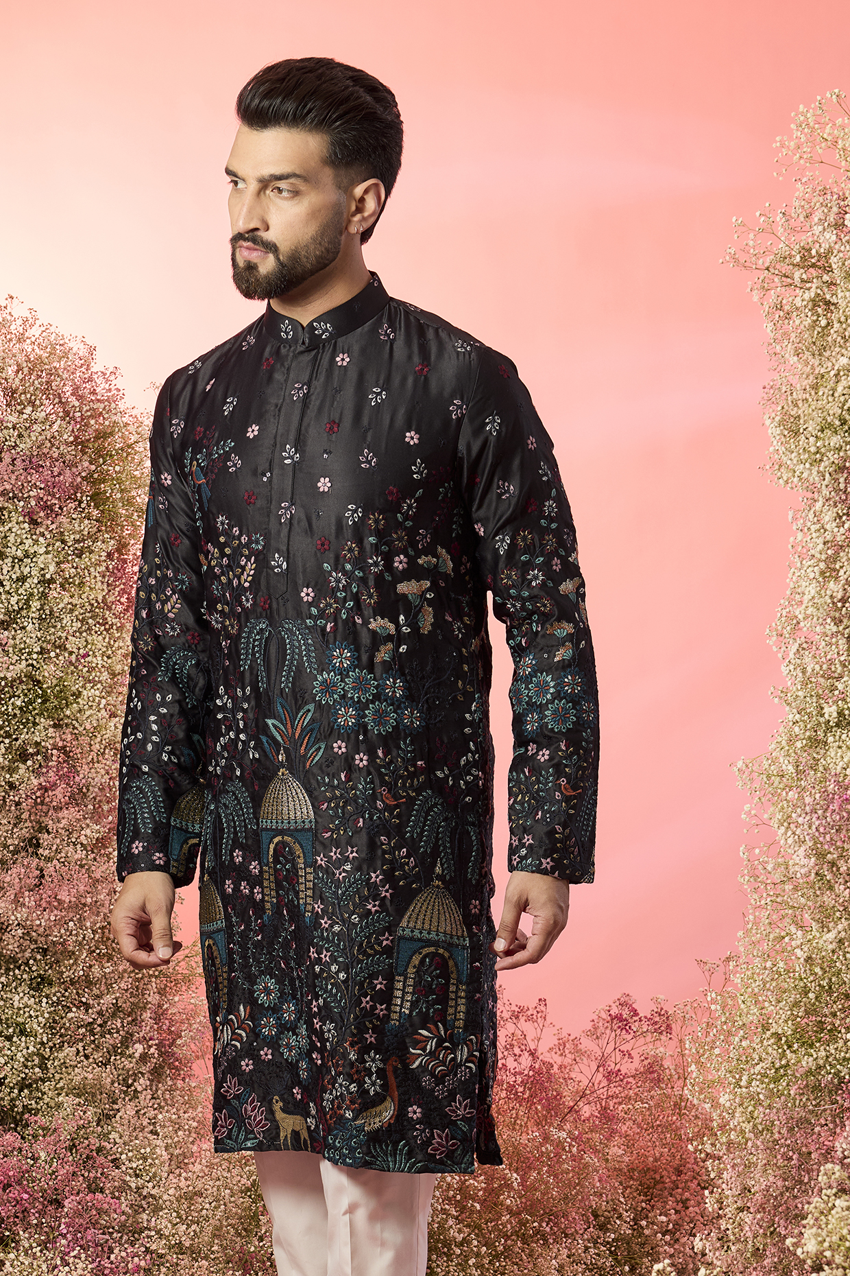 Black Satin Silk Floral Embroidered Kurta by Kasbah Clothing