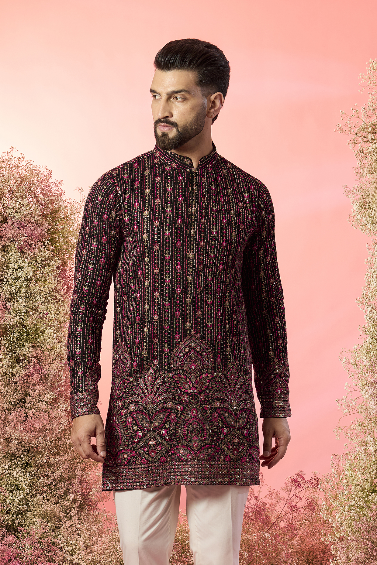 Black Georgette Hand Embroidered Short Kurta by Kasbah Clothing