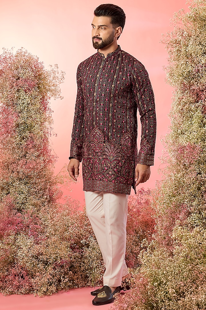 Black Georgette Hand Embroidered Short Kurta by Kasbah Clothing at Pernia's Pop Up Shop