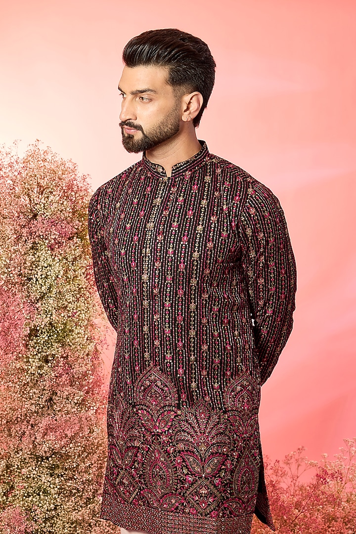Black Georgette Hand Embroidered Short Kurta by Kasbah Clothing at Pernia's Pop Up Shop