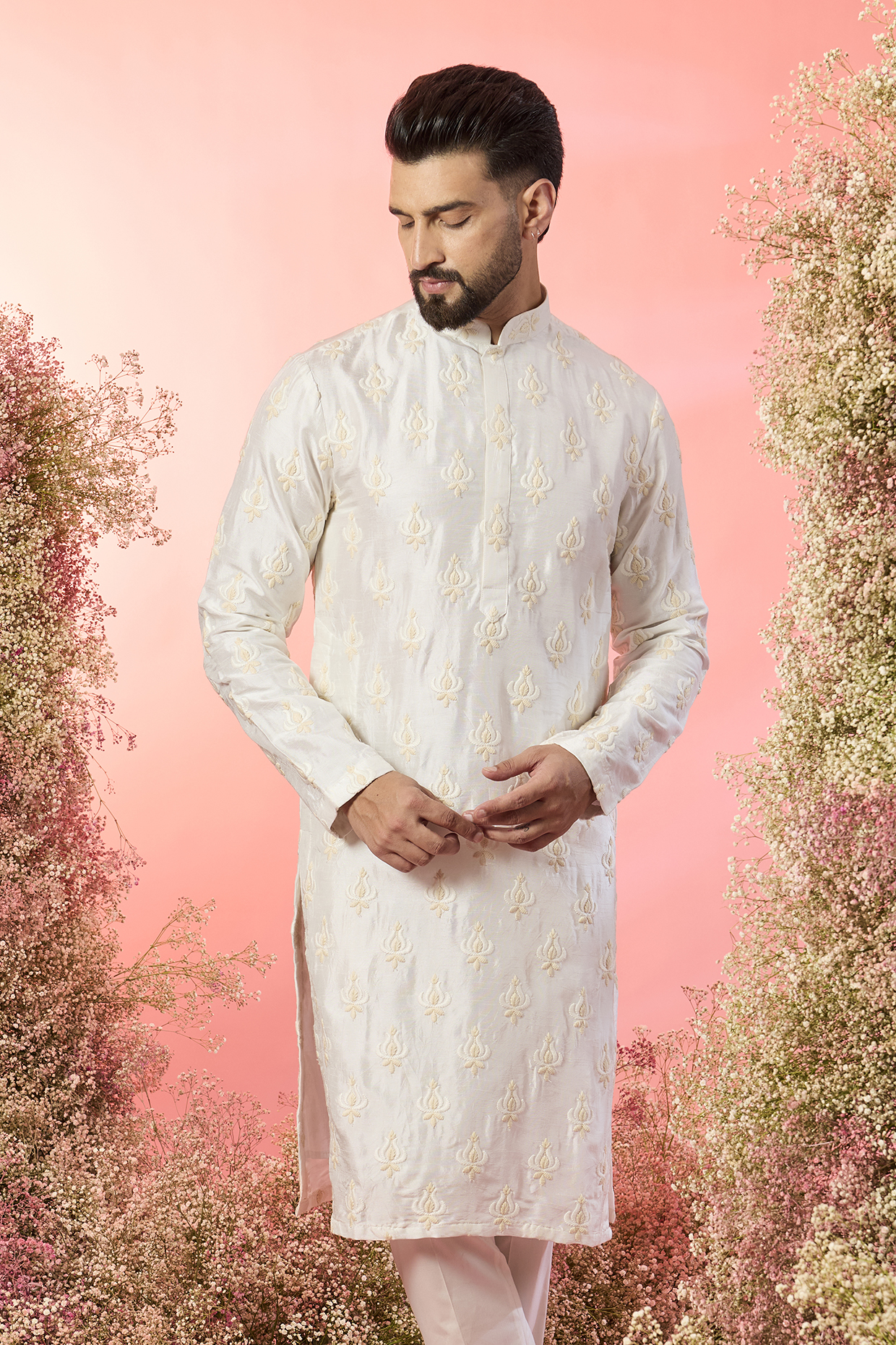 Ivory Silk Thread Work Chikankari Kurta by Kasbah Clothing