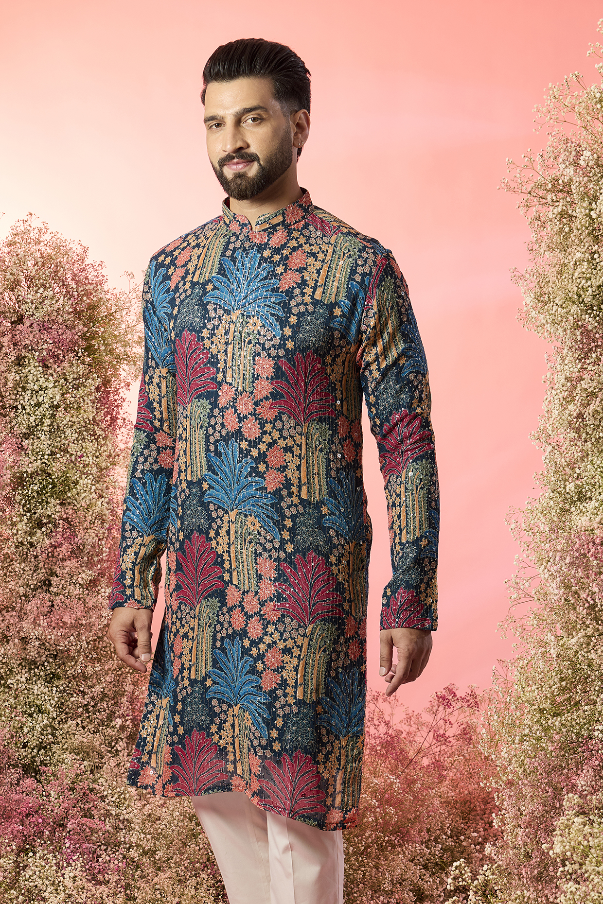 Multi-Colored Georgette Floral Printed & Embroidered Kurta by Kasbah Clothing