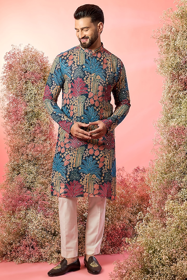 Multi-Colored Georgette Floral Printed & Embroidered Kurta by Kasbah Clothing at Pernia's Pop Up Shop