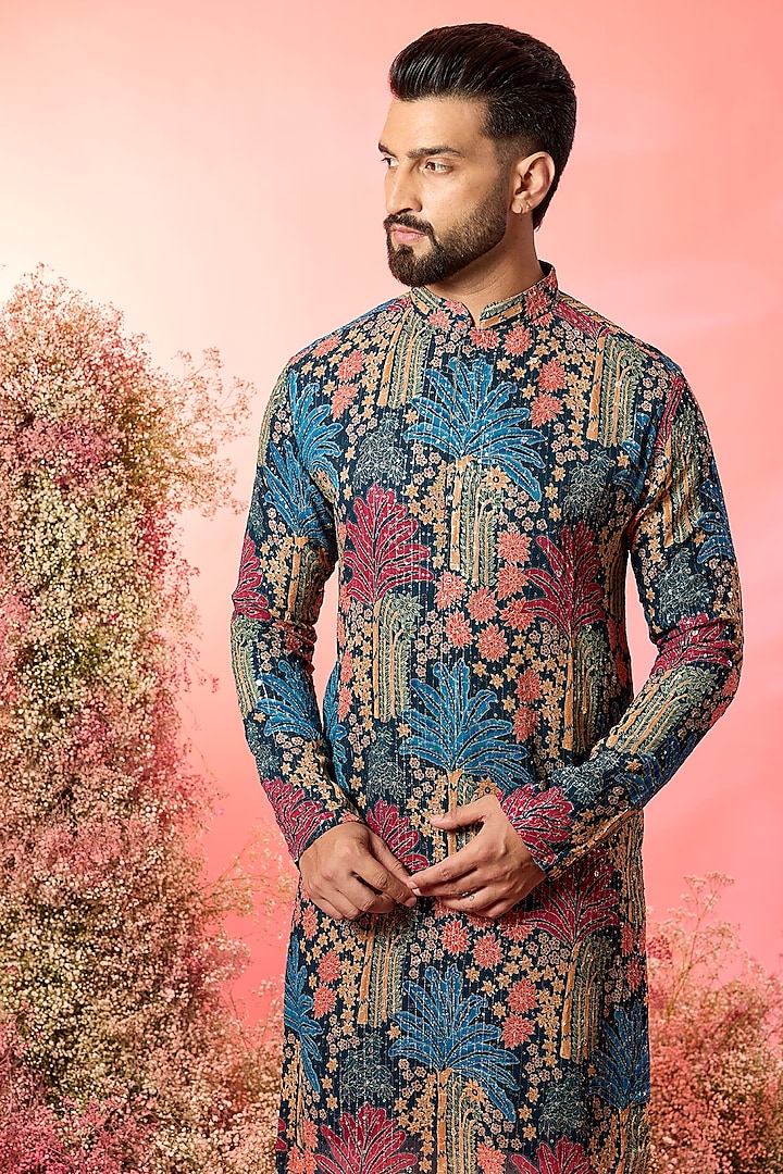 Multi-Colored Georgette Floral Printed & Embroidered Kurta by Kasbah Clothing at Pernia's Pop Up Shop