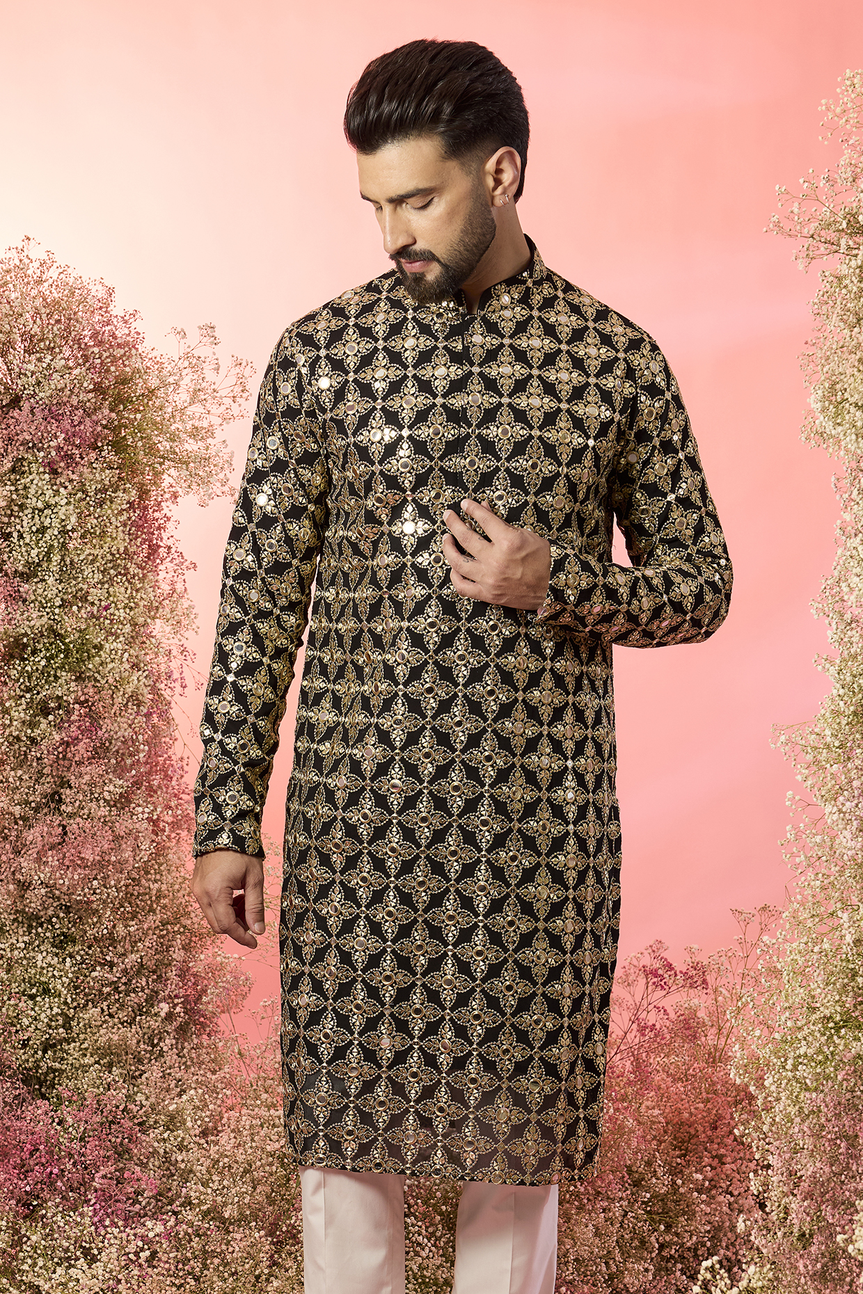 Black Georgette Zari Embroidered Kurta by Kasbah Clothing