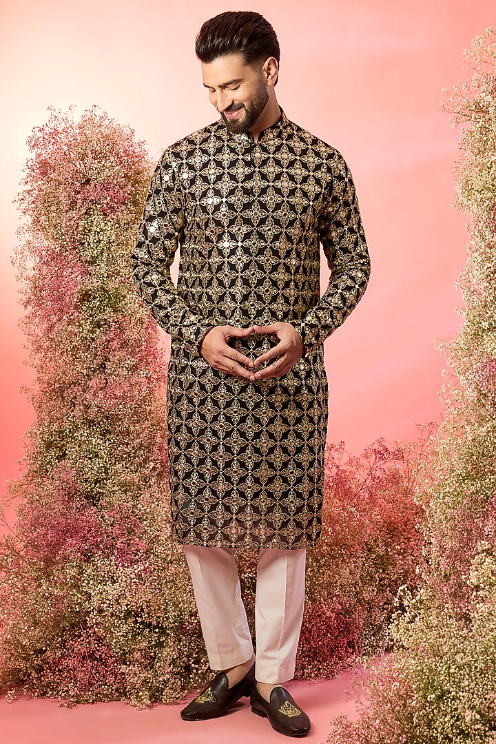 Black Georgette Zari Embroidered Kurta by Kasbah Clothing at Pernia's Pop Up Shop