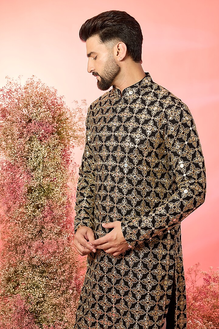 Black Georgette Zari Embroidered Kurta by Kasbah Clothing at Pernia's Pop Up Shop