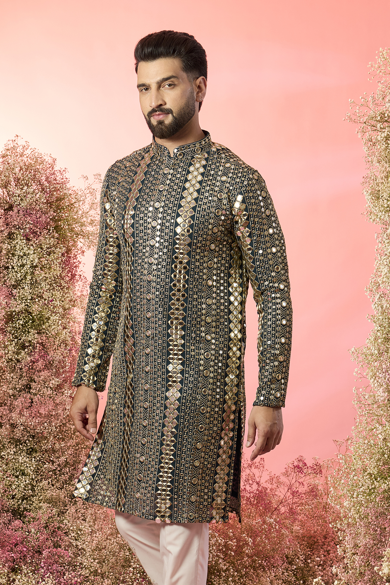 Bottle Green Georgette Mirror Work Kurta by Kasbah Clothing