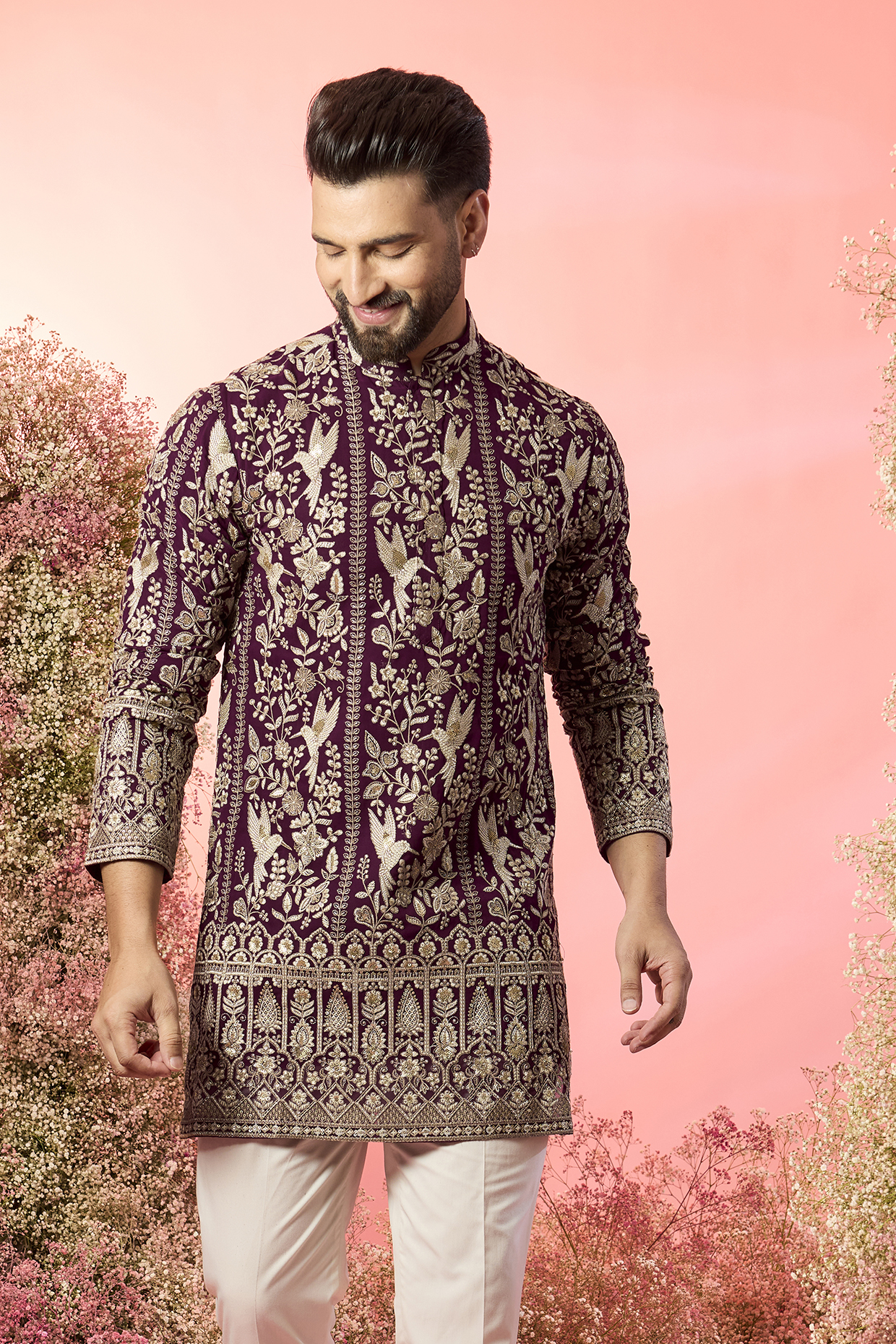 Wine Georgette Zari Work Chikankari Short Kurta by Kasbah Clothing