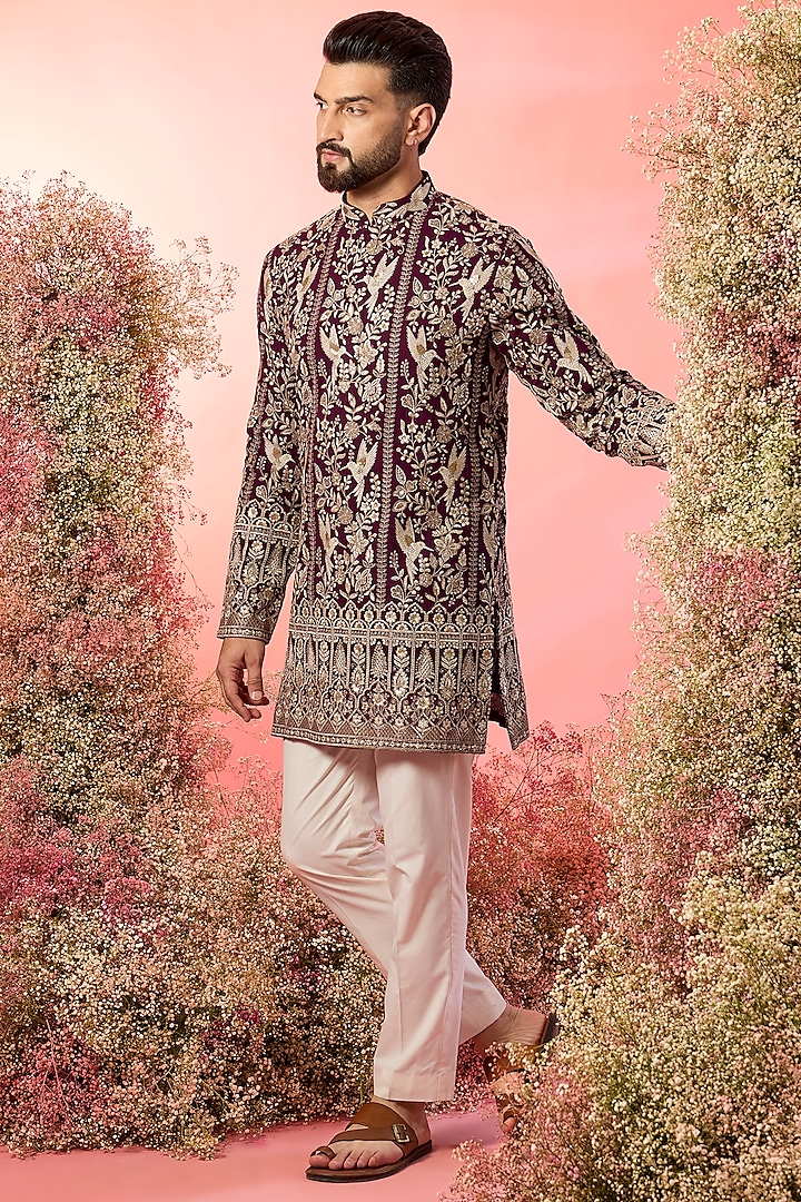 Wine Georgette Zari Work Chikankari Short Kurta by Kasbah Clothing at Pernia's Pop Up Shop