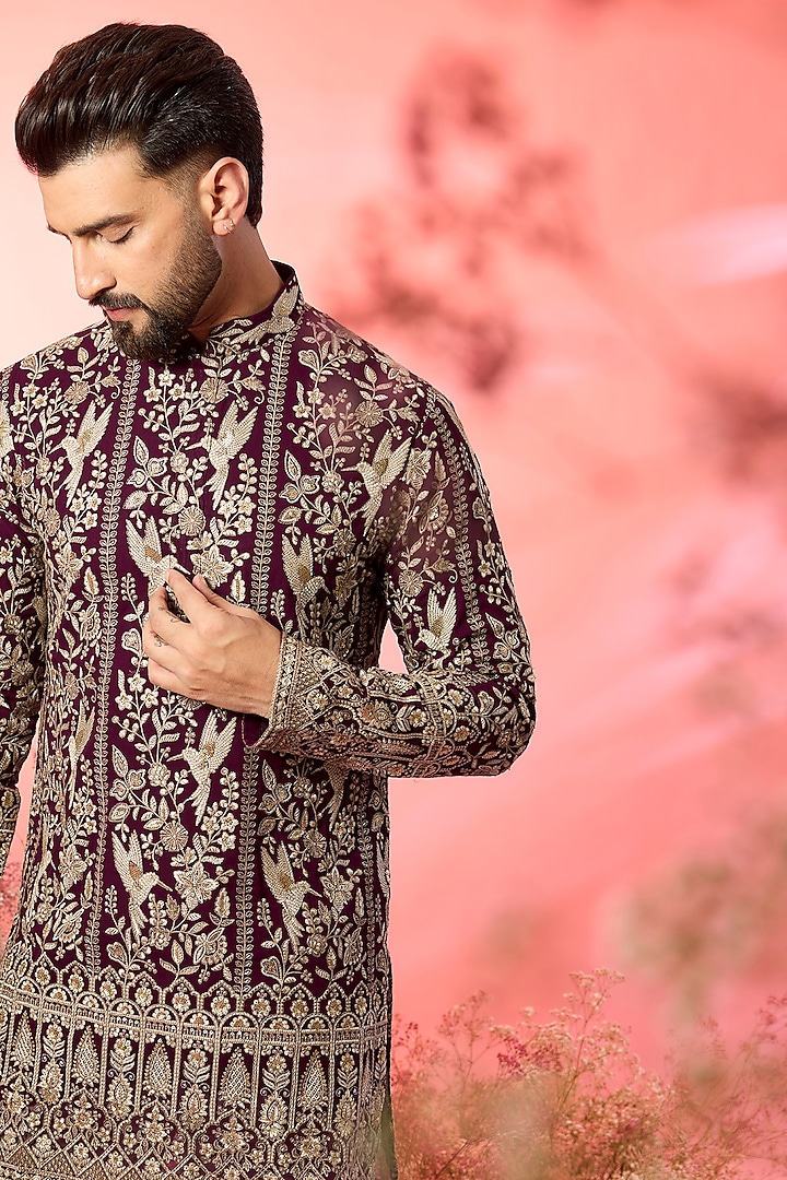 Wine Georgette Zari Work Chikankari Short Kurta by Kasbah Clothing at Pernia's Pop Up Shop