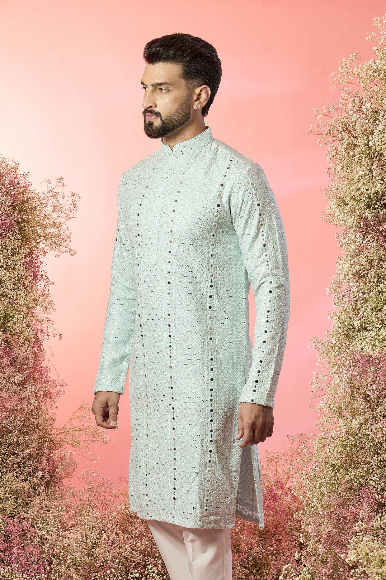 Aqua Blue Silk Mirror Work Kurta by Kasbah Clothing
