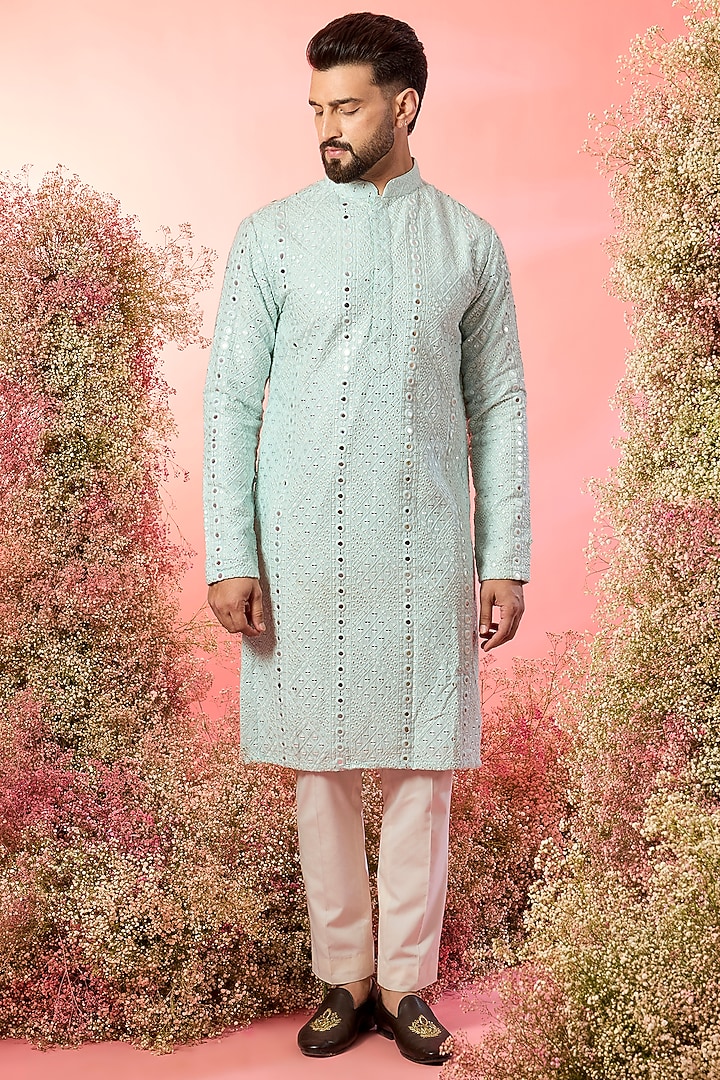 Aqua Blue Silk Mirror Work Kurta by Kasbah Clothing at Pernia's Pop Up Shop