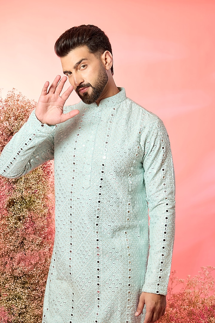 Aqua Blue Silk Mirror Work Kurta by Kasbah Clothing at Pernia's Pop Up Shop