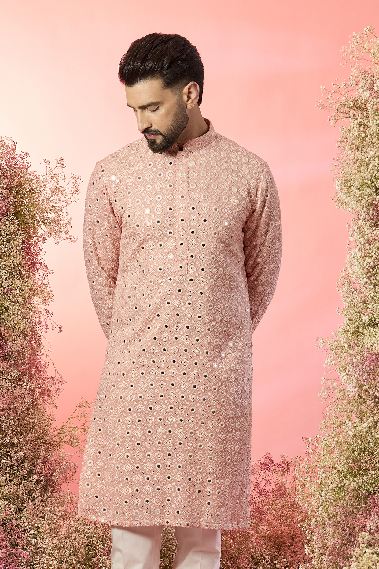 Peach Georgette Mirror Work Kurta by Kasbah Clothing