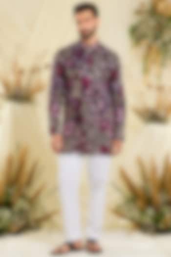 Wine-Purple Georgette Floral Embroidered Short Kurta by Kasbah Clothing at Pernia's Pop Up Shop
