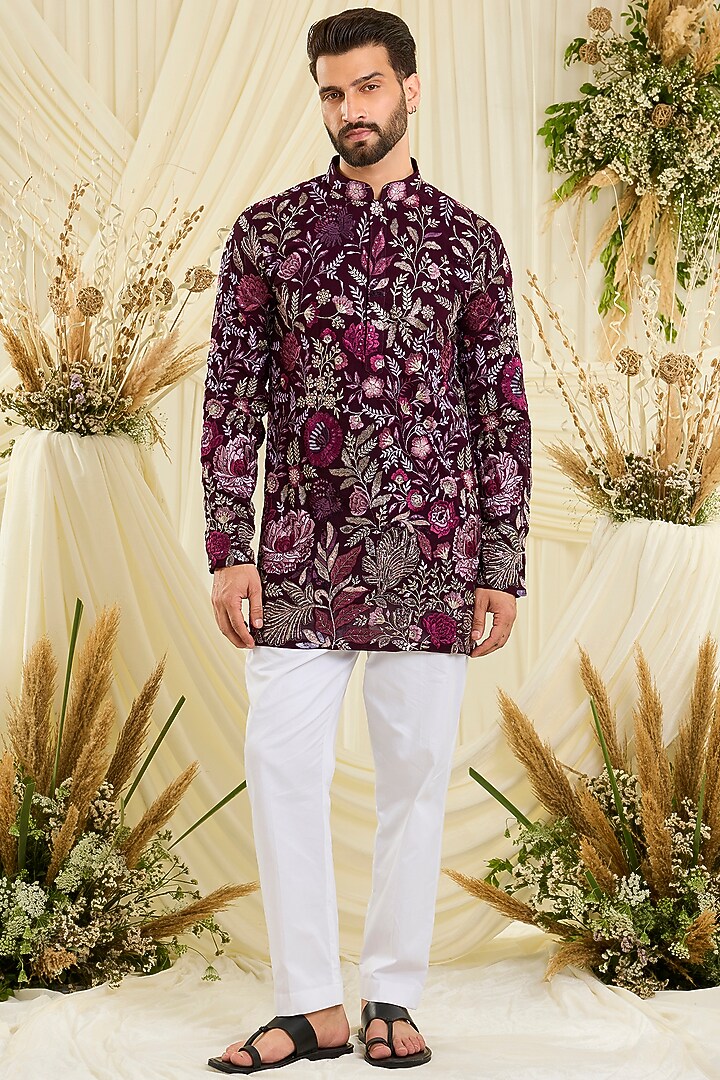 Wine-Purple Georgette Floral Embroidered Short Kurta by Kasbah Clothing at Pernia's Pop Up Shop