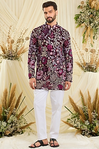 Wine-Purple Georgette Floral Embroidered Short Kurta by Kasbah Clothing