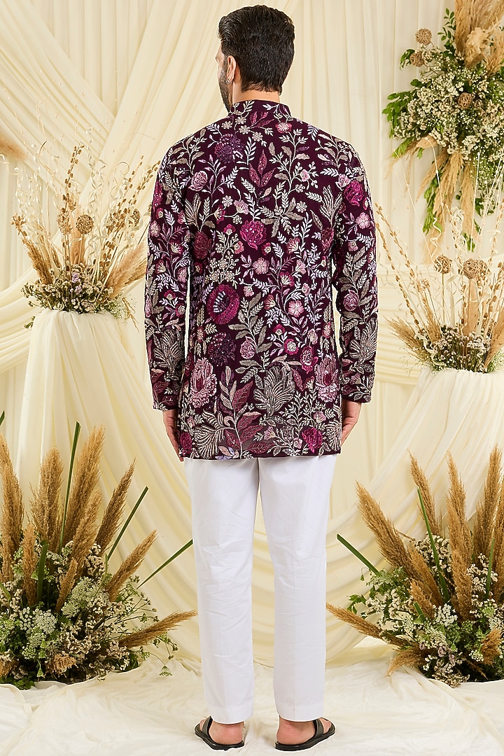 Wine-Purple Georgette Floral Embroidered Short Kurta by Kasbah Clothing at Pernia's Pop Up Shop