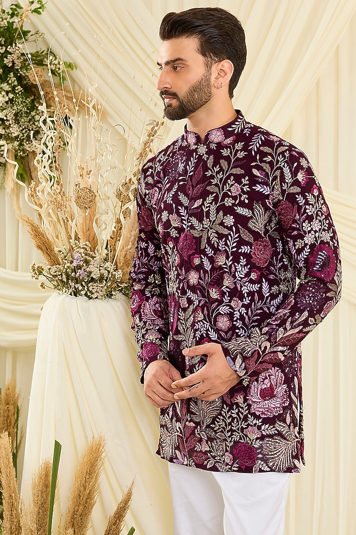 Wine-Purple Georgette Floral Embroidered Short Kurta by Kasbah Clothing at Pernia's Pop Up Shop