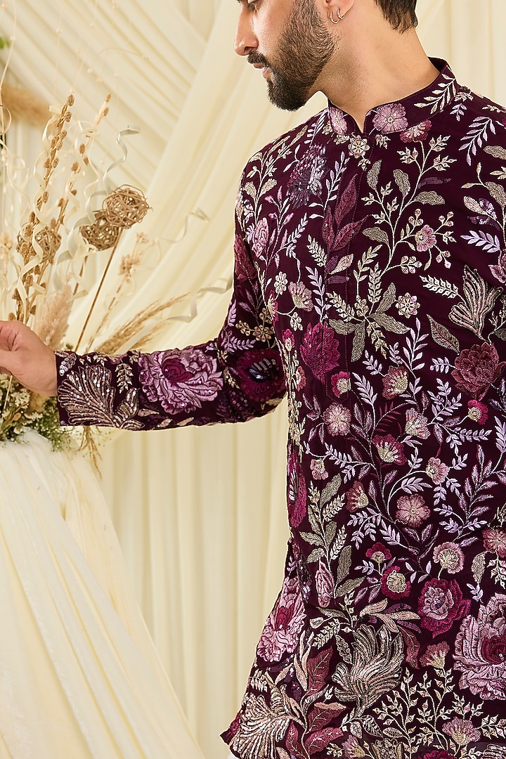 Wine-Purple Georgette Floral Embroidered Short Kurta by Kasbah Clothing at Pernia's Pop Up Shop