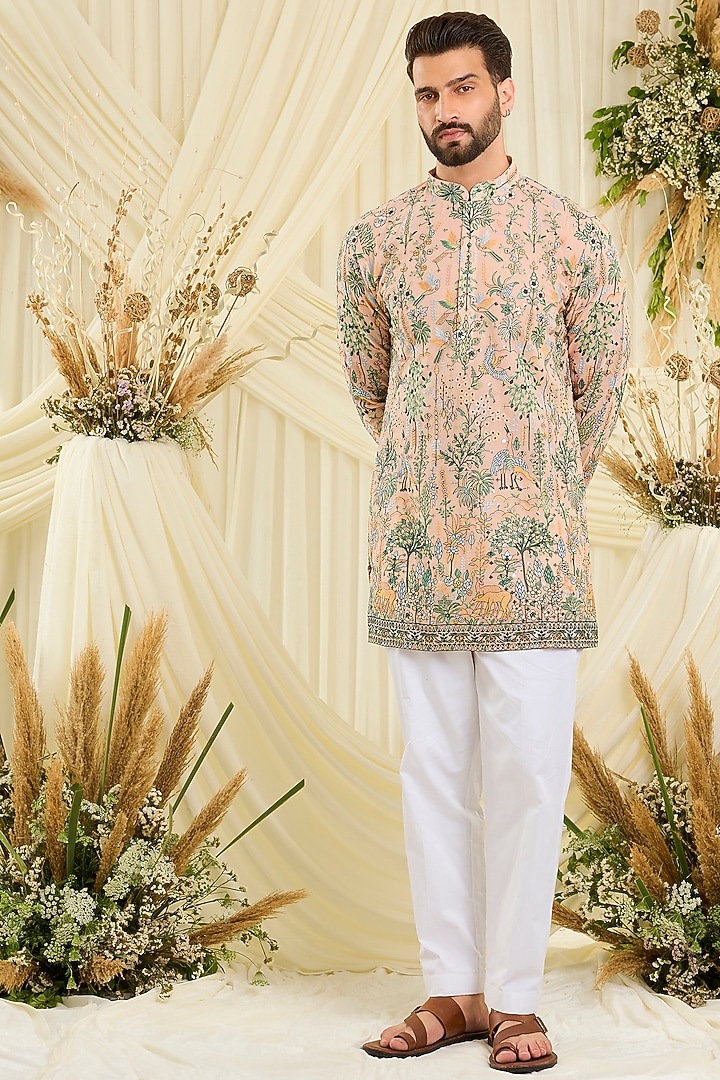 Soft Peach Georgette Floral Embroidered Short Kurta by Kasbah Clothing at Pernia's Pop Up Shop