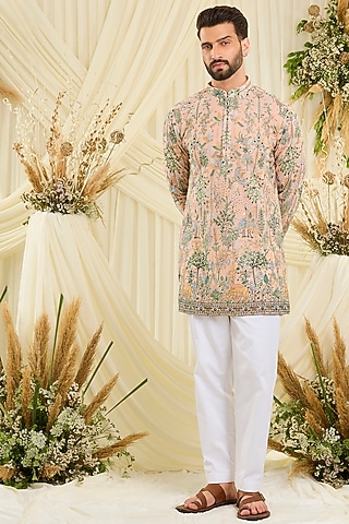 Soft Peach Georgette Floral Embroidered Short Kurta by Kasbah Clothing