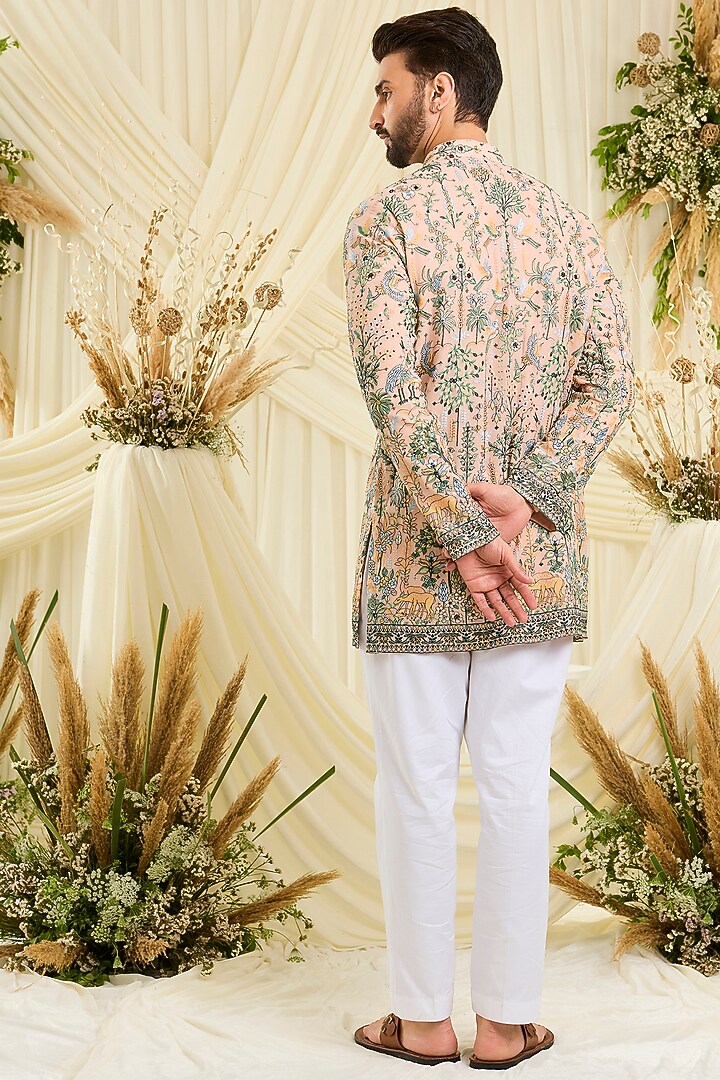 Soft Peach Georgette Floral Embroidered Short Kurta by Kasbah Clothing at Pernia's Pop Up Shop