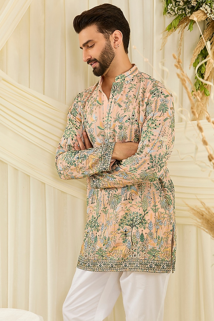Soft Peach Georgette Floral Embroidered Short Kurta by Kasbah Clothing at Pernia's Pop Up Shop